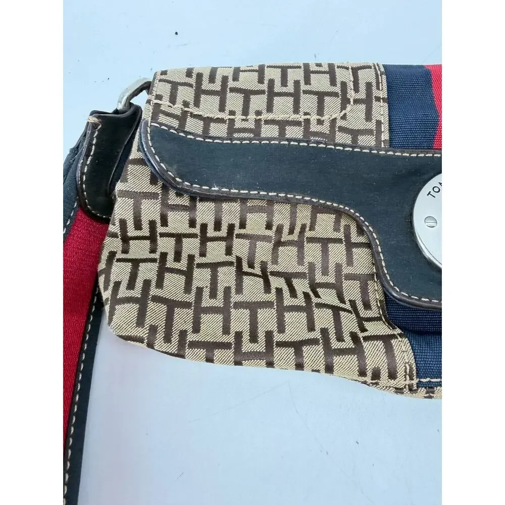 Tommy Hilfiger Monogram Wristlet Clutch Wallet Brown Canvas Red Blue Stripe